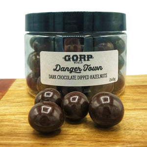 GORP Danger Town - Dark Chocolate Dipped Hazelnuts.  Each jar is 240g