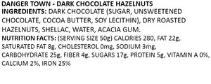 GORP Danger Town - Dark Chocolate Dipped Hazelnuts.  Ingredients and Nutrition Facts