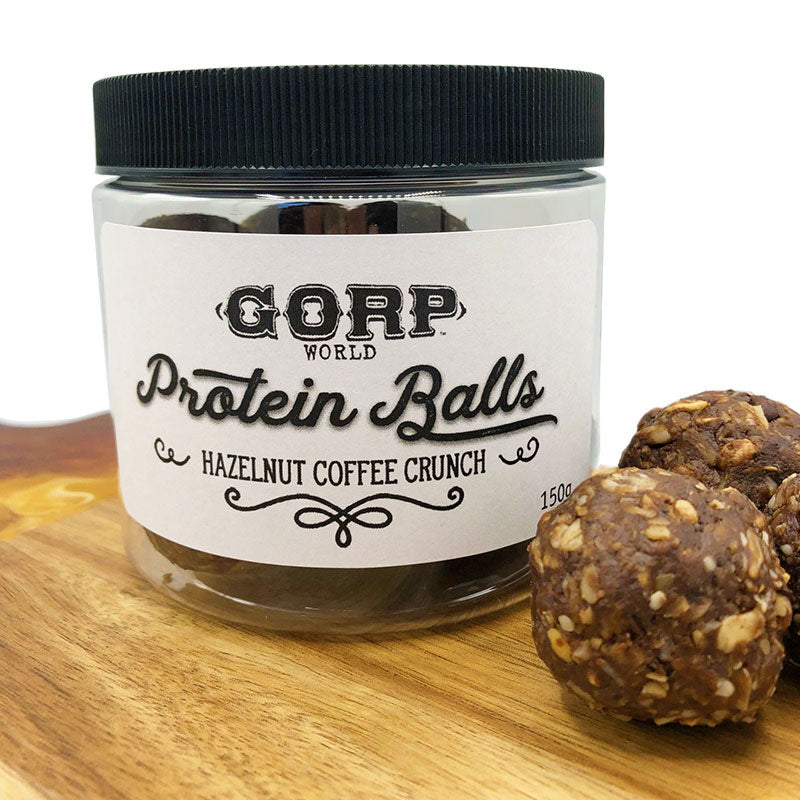 GORP Hazelnut Coffee Crunch Protein Balls, 150g jar.  8 protein balls per jar.  Plant based protein, natural peanut butter, local honey, Manitoba oats.