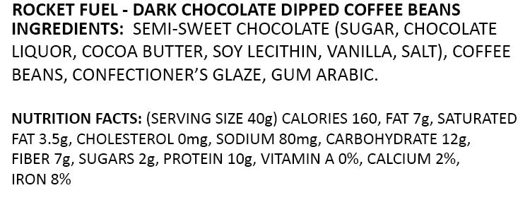 Rocket Fuel Dark Chocolate Espresso Coffee Beans in a 250g clear jar with black lid