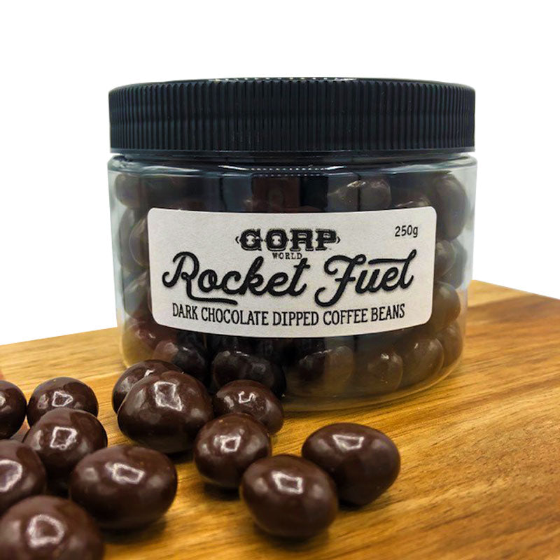 Rocket Fuel Dark Chocolate Espresso Coffee Beans in a 250g clear jar with black lid